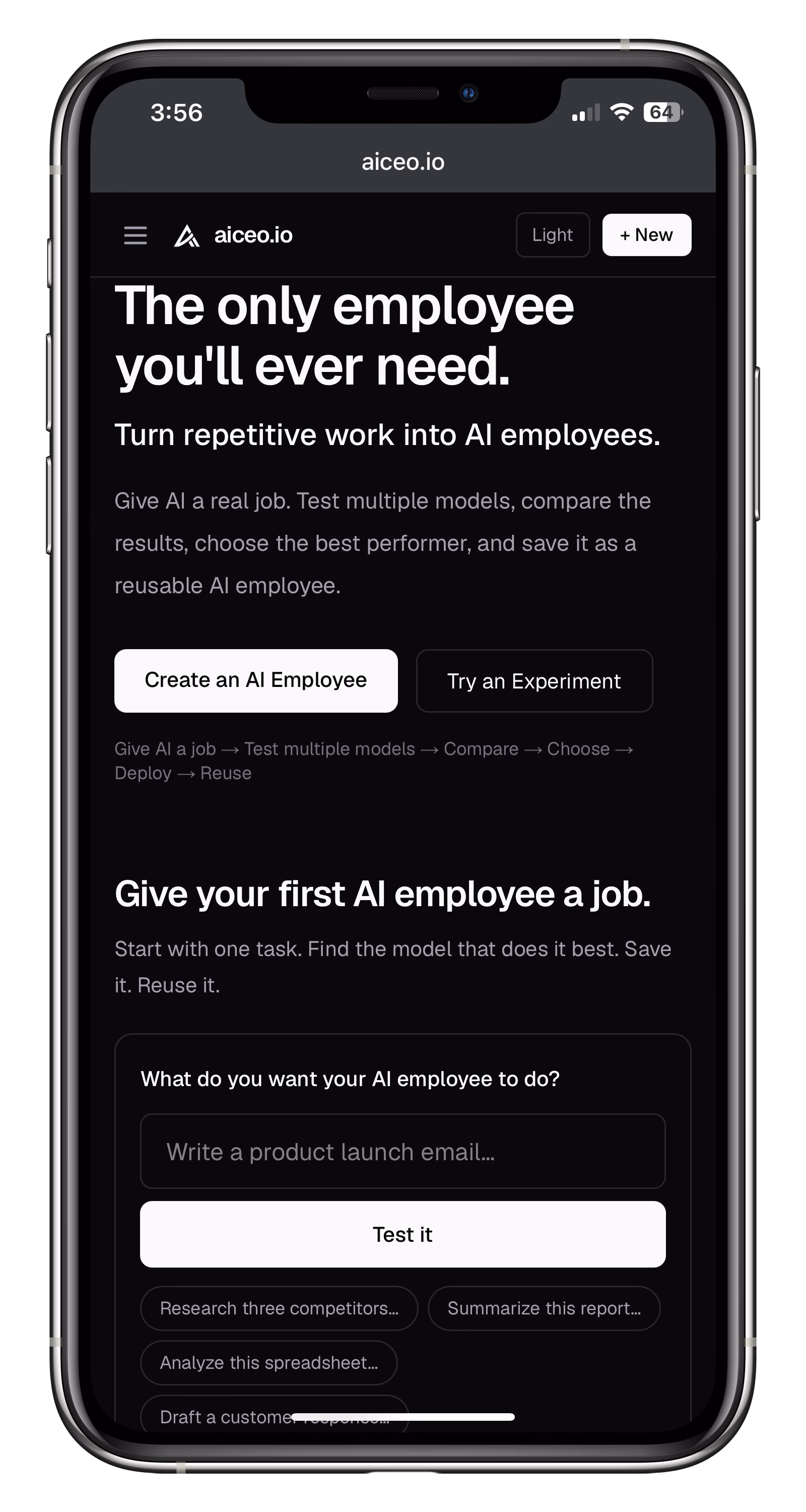 Aiceo AI employee builder home screen on a phone