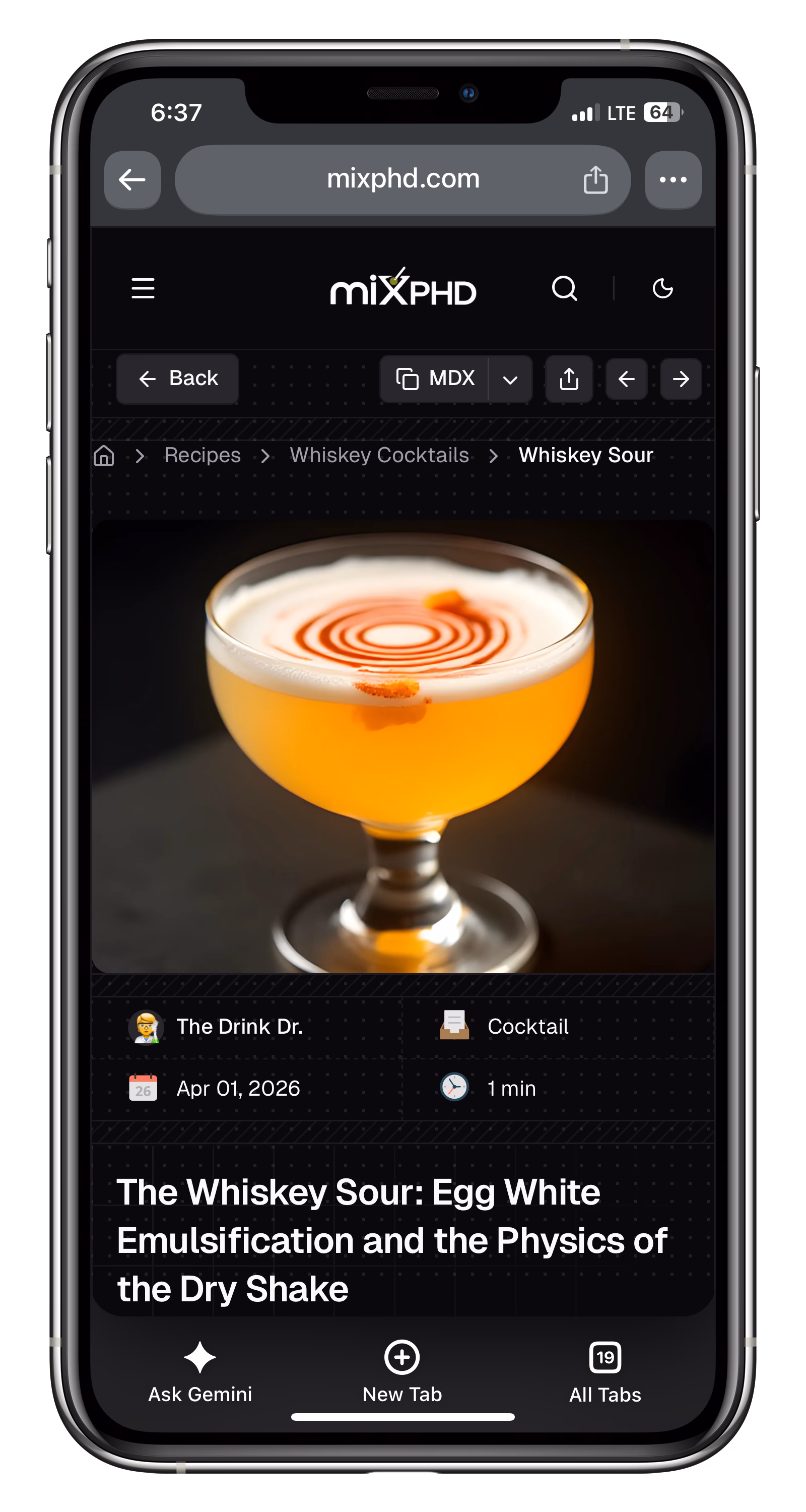 MixPHD Whiskey Sour recipe detail page on a phone