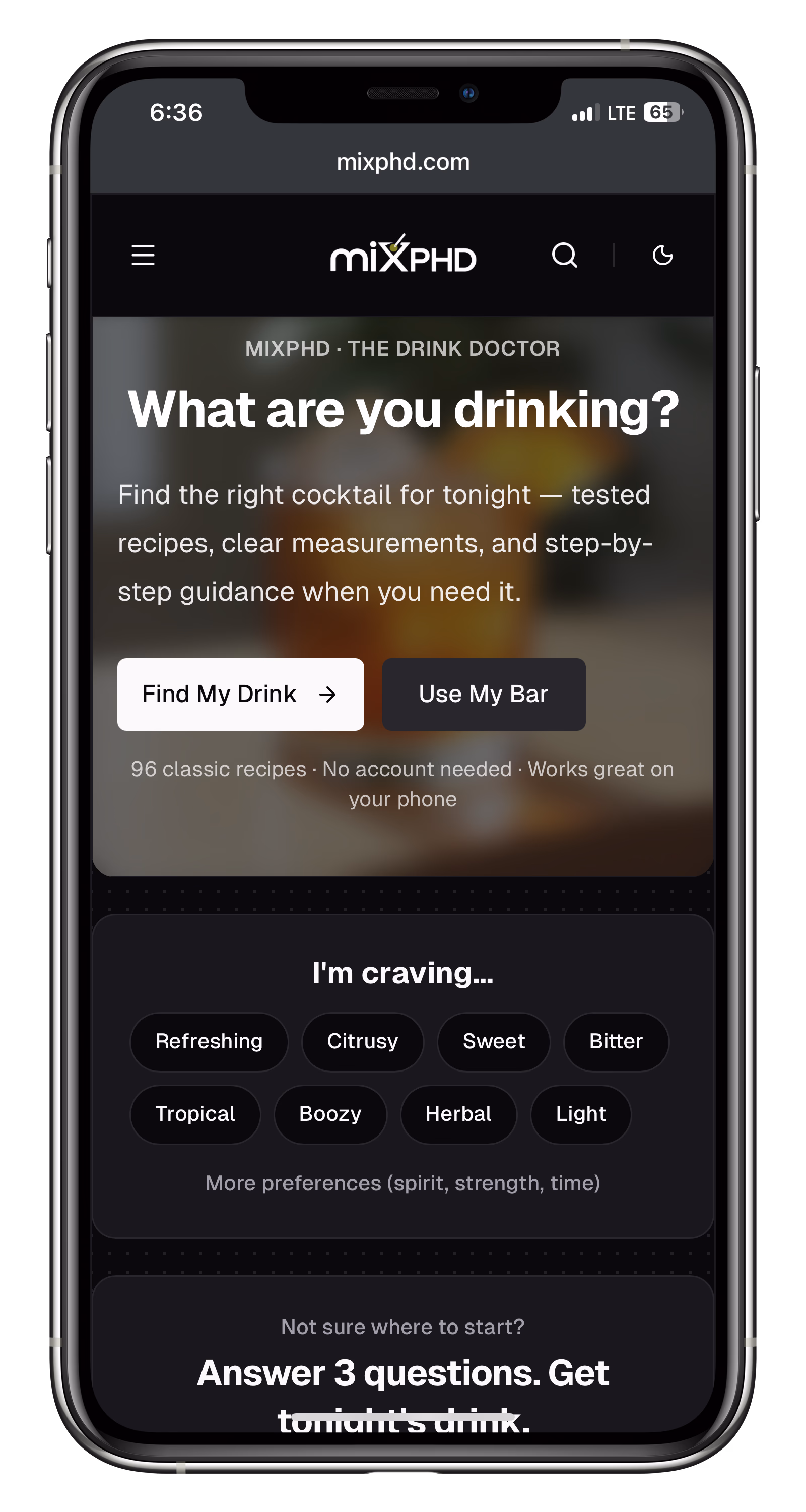 MixPHD.com drink discovery home screen on a phone