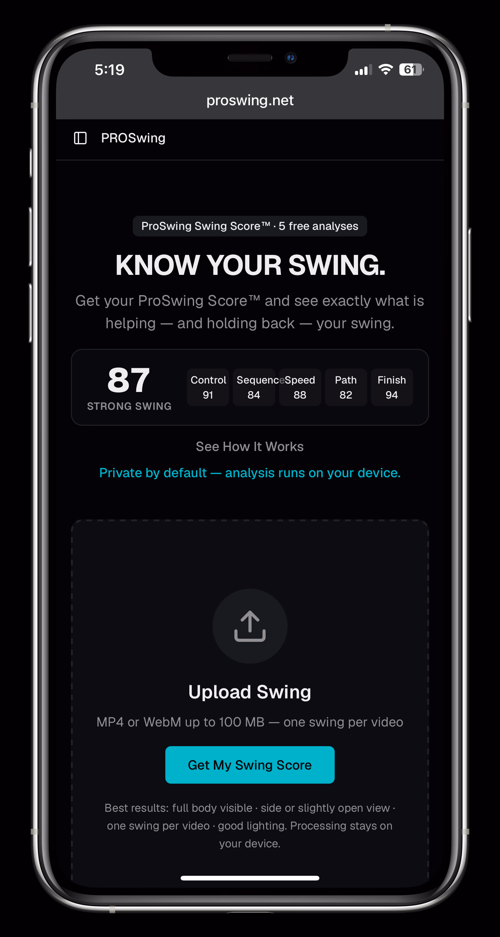 ProSwing swing score and video upload screen on a phone