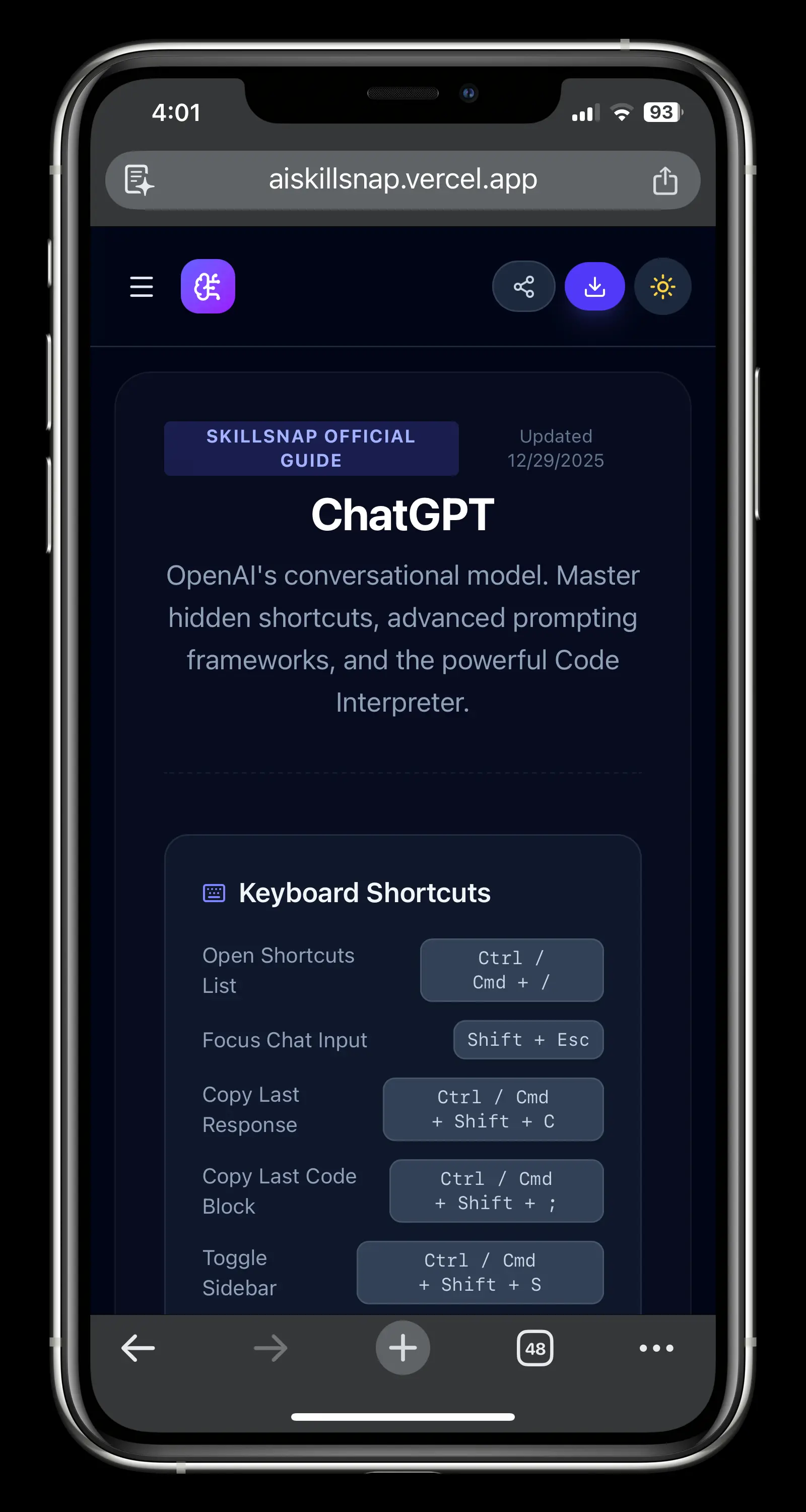 Shortcuts list